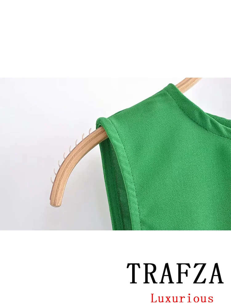 TRAFZA Vintage Casual Chic Solid Women Suit O-Neck Short Slim Single Button Vest Loose Long Skirt New Fashion 2024 Summer Sets