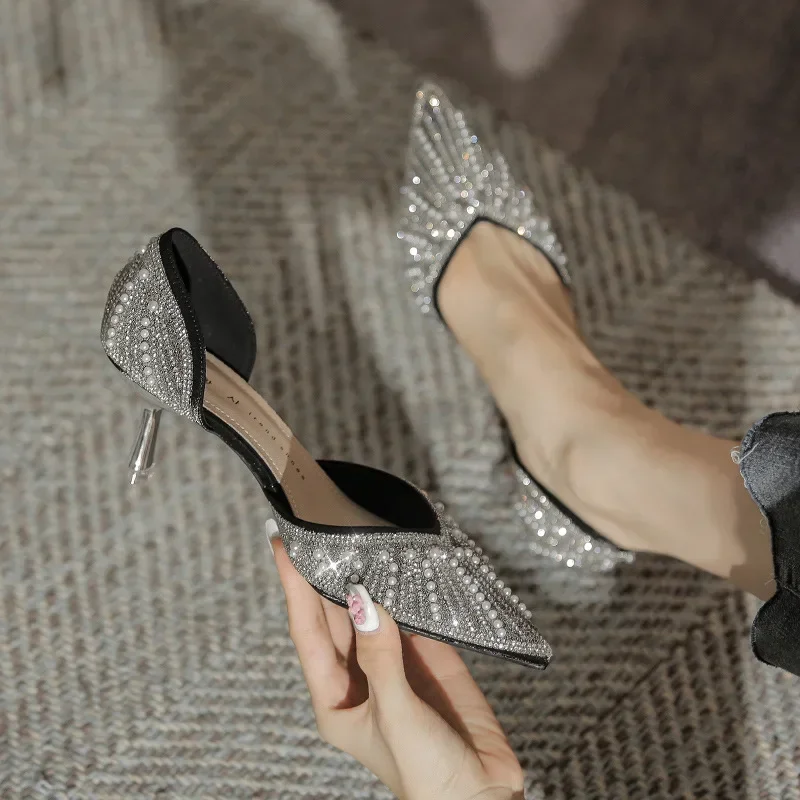 Chaussures de Mariage à Talons Hauts et Fins pour Mariée, Strass, Cendrillon, Princesse, 6cm