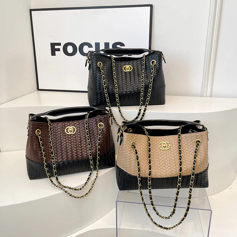 Retro Large-capacity Shoulder Underarm Bag Women's Europe, America New Woven Tote Bag Fashionable Texture Messenger Bucket Bag