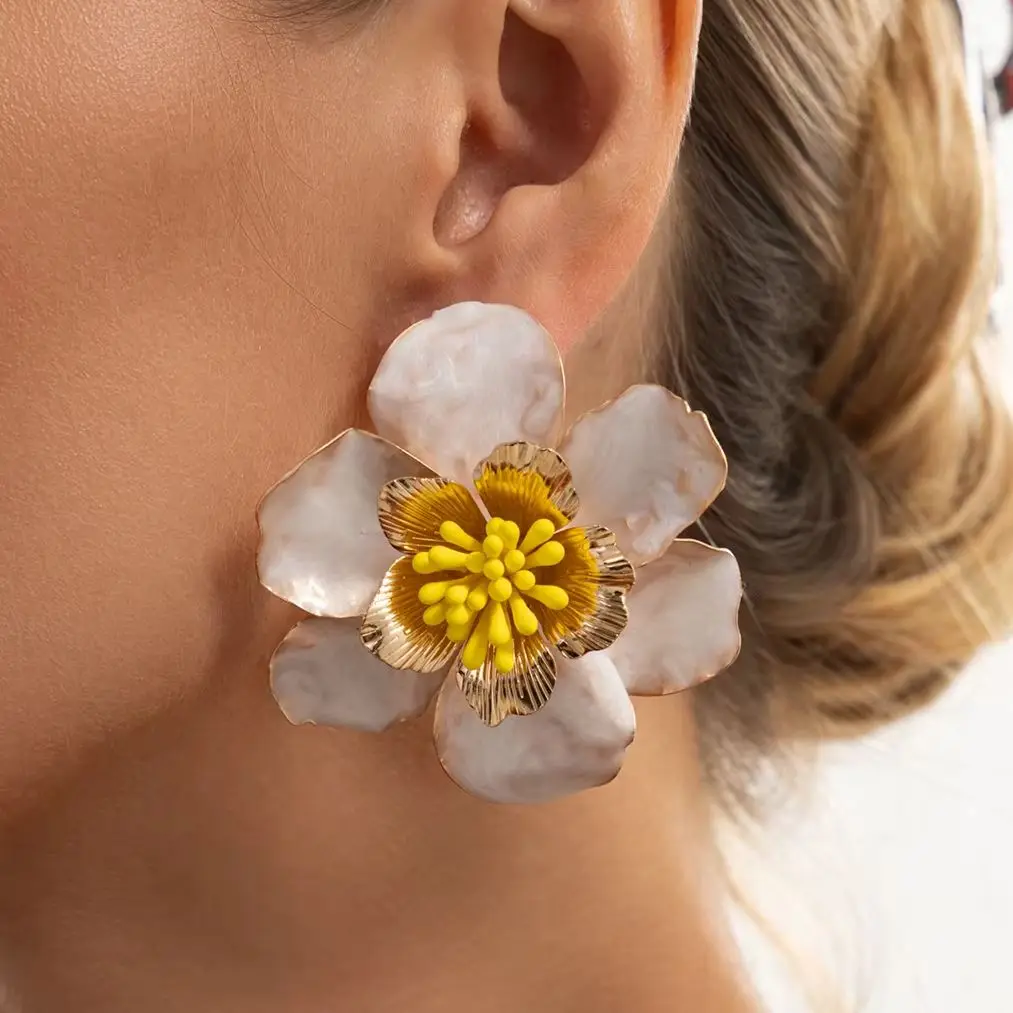 KunJoe 5 Colors Bohemian Retro Sweet Flower Stud Earrings Women Trendy Metal Petal Floral Enamel Earring Wedding Charms Jewelry