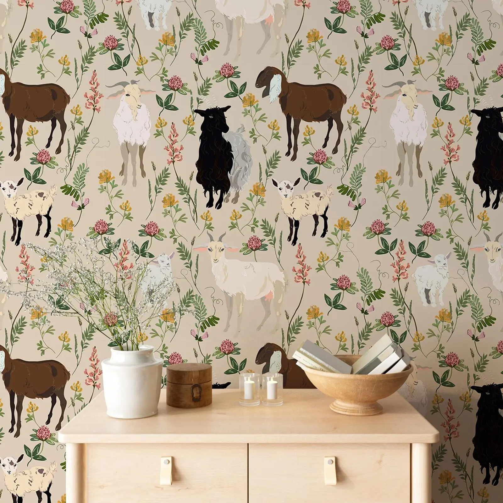 Farmhouse Wallpaper,Watercolor Goat Floral Farm Animals Wall Mural,Farm Wall Decor,Ranch Goat Neutral,Self-adhesive Or Tradition