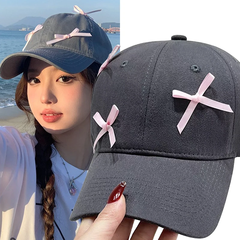 

Fashion Pink Bowknot Girls Hat 2024 Retro Washed Denim Baseball Caps Sweet Cute Hole Adjustable Solid Hats Spring Summer Gifts