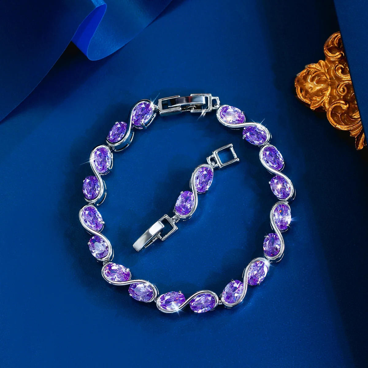 CWWZircons Charming Purple Oval CZ Crystal White Gold Color Connected Chain Link Bracelets for Women Evening Party Jewelry S0300