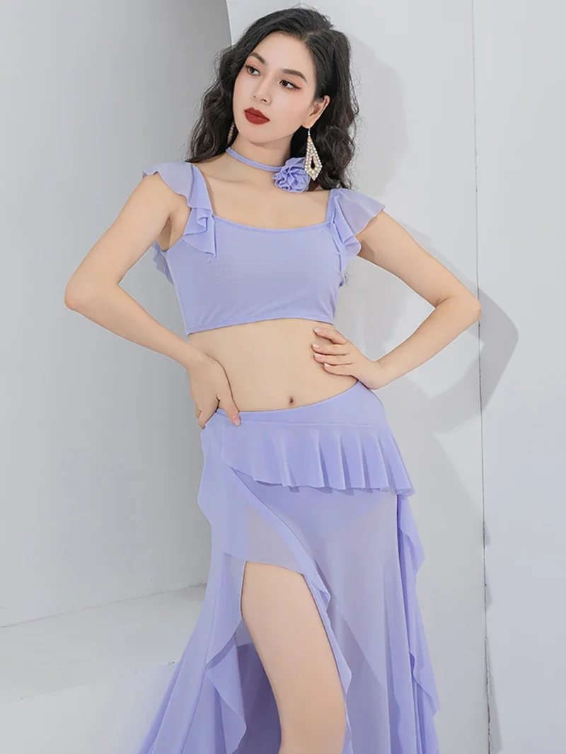 

Women Belly Dance Fairy Lotus Leaf Ribbon Oriental Dancewear Mesh Practice Dress Dancewear Group Competition Performance Costume