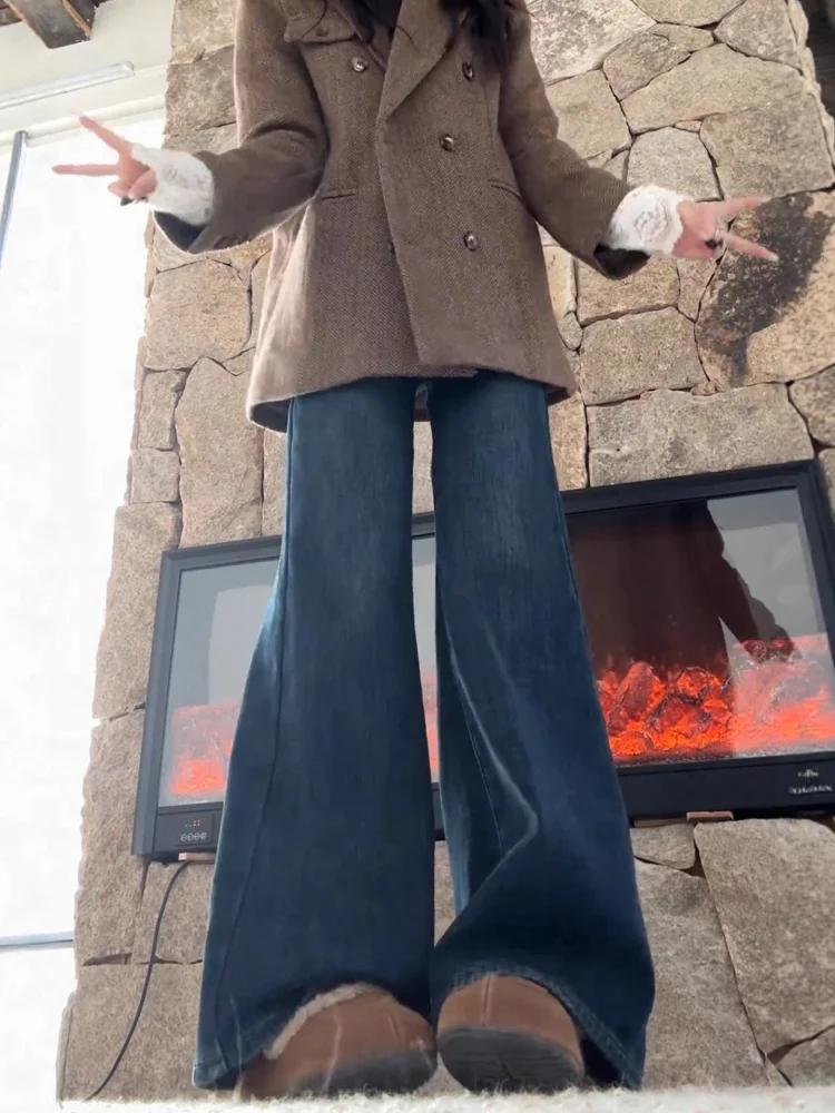 플러스 사이즈 딥 블루 안감 부츠컷 청바지 여성용 가을 겨울 하이웨이스트 슬림 와이드 레그 팬츠 캐주얼 웨어