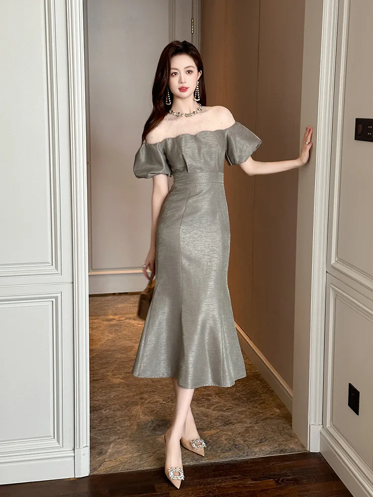 A-Leibniz - Women's Clothing, Sexy, Mesh Splicing, Puff Sleeves, Waist Tightening, Fishtail, Long Dress