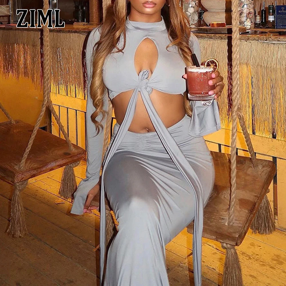 

ZIML Solid Two Piece Sets for Women Stand Collar Long Sleeve Hollow Out Tops High Waist Folds Skirt Chic Set Female Fashion New