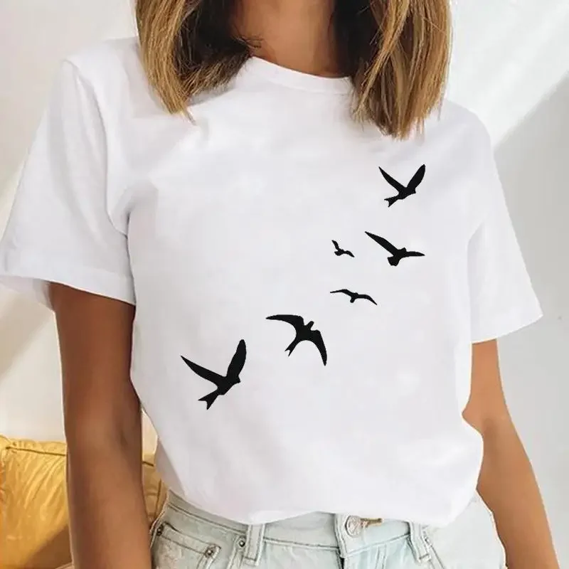Flying Bird and Flower Cute Women Simple Retro Top Women Harajuku Summer Trendy Polyester Fabric Cost-effective Women's Clothing