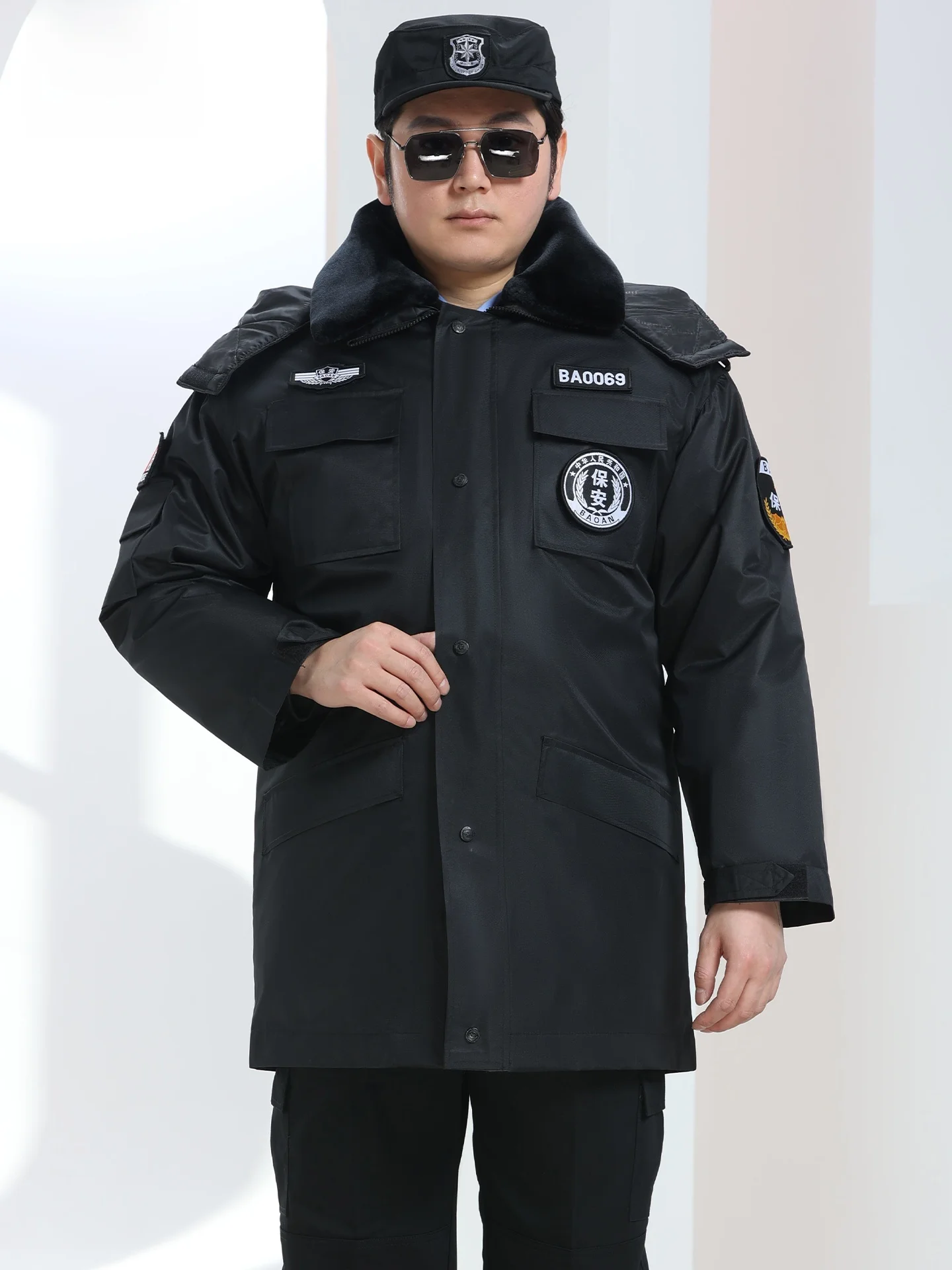 thickened-winter-work-coat-for-men-security-uniform-long-black-cotton-jacket-windproof-zipper-closure-hooded-poly-fiber-inner
