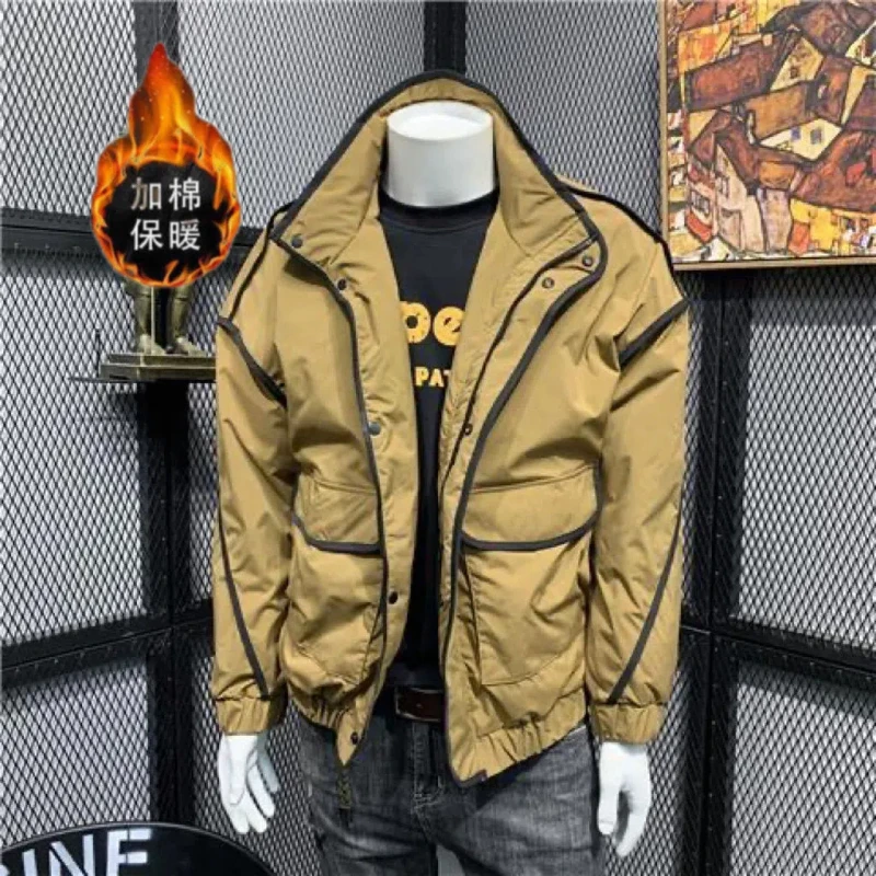 

Japanese Trendy Top-stitched Stand-collar Cotton Jacket for Men Loose Dropped Shoulder Sleeves Warm Jacket