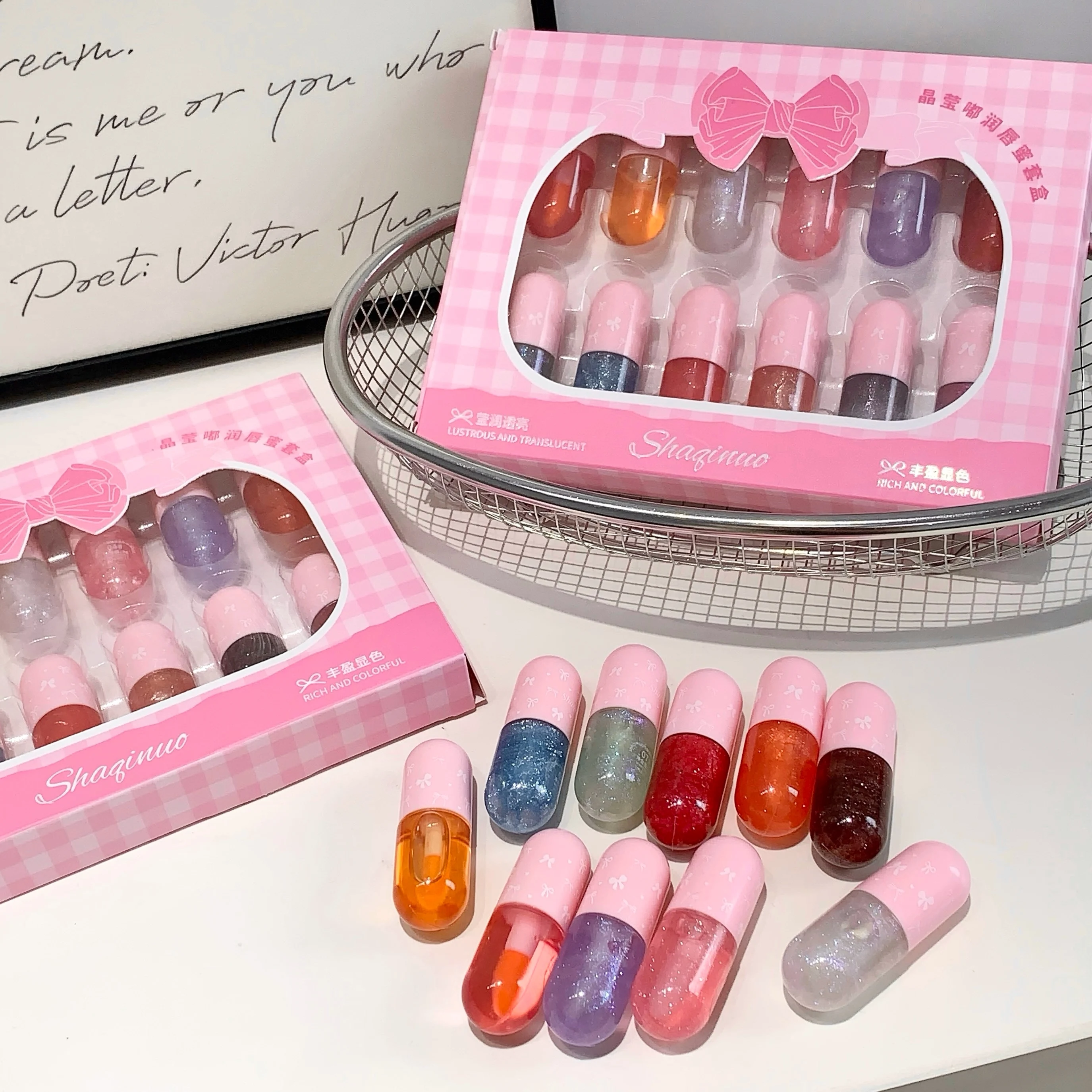 SHAQINUO 12 pièces ensemble de brillant à lèvres cristal miroitant huile pour les lèvres nourrissante et hydratante, colorée et Anti-gerçures