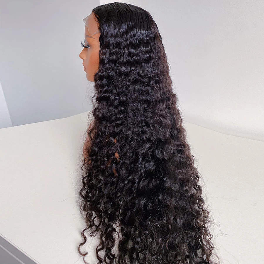 شعر مستعار أسود طبيعي طويل غريب مجعد بدون صمغ ناعم 26 بوصة 180 كثافة شعر مستعار أمامي من الدانتيل العميق للنساء مع شعر أطفال مقطوف مسبقًا يوميًا