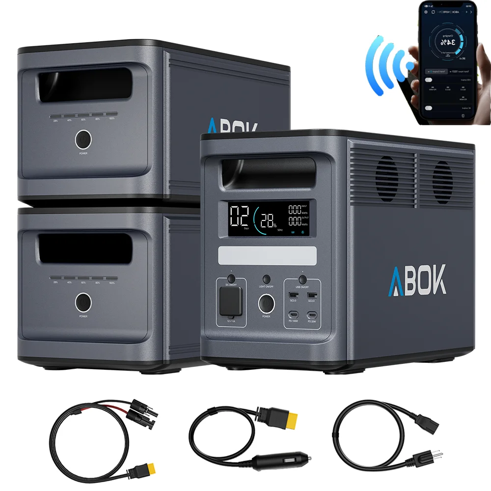 ABOK Powerstation+2 Zusatzakkus, 4608Wh LiFePO4 Batterie, 2000W Reiner Sinuswellen-AC-Anschluss, 4000 Zyklen, 1500W Schnellladung, Solargenerator für Notstromversorgung zu Hause und Outdoor-Camping