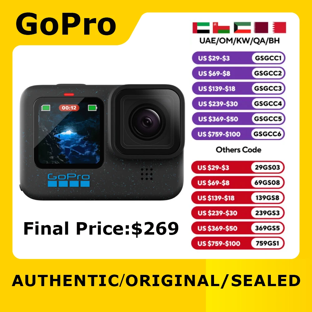 100% Original GoPro HERO 12 Black Action Camera, 4K, Waterproof, Underwater, Vlog HERO12 go pro Mini Camera