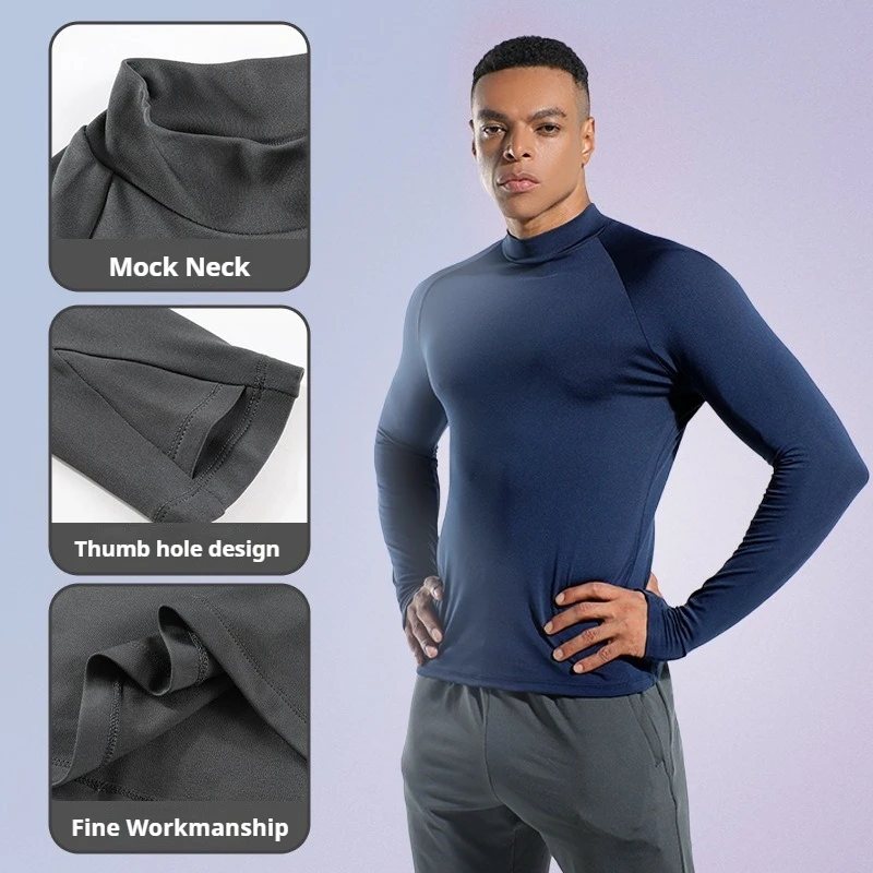 تي شيرت رجالي للخريف والشتاء ماراثون للجري بأكمام طويلة، طبقة قاعدة حرارية سريعة الجفاف مع فتحة إبهام من القماش المطاطي برقبة وهمية #4