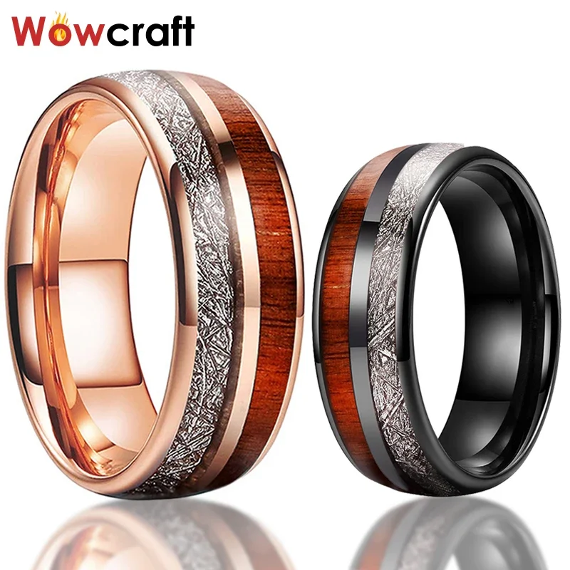 Black Wedding Bands Tungsten Carbide Rings for Men Women Domed Wood Meteorite Inlay Polished Shiny Comfort Fit