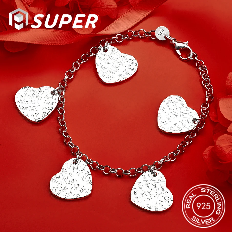 

ALISuper 925 Sterling Silver Exquisite Heart Shape Pendant Bracelet Fashion Women Jewelry Party Favors Accessories Wedding