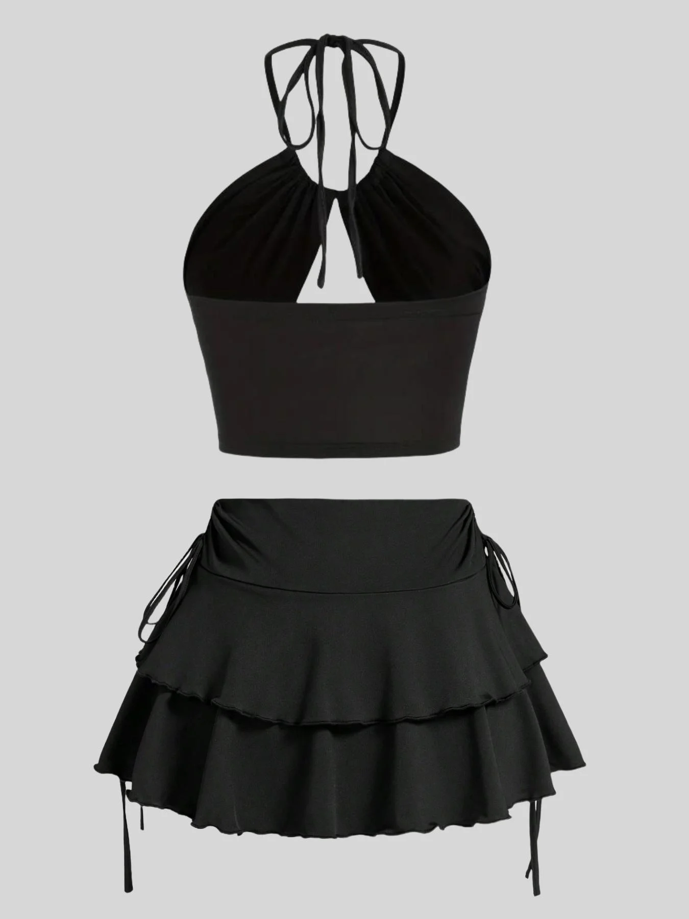 Damen-Set aus einfarbigem, sexy Neckholder-Top und gerüschtem Rock – Detail 2