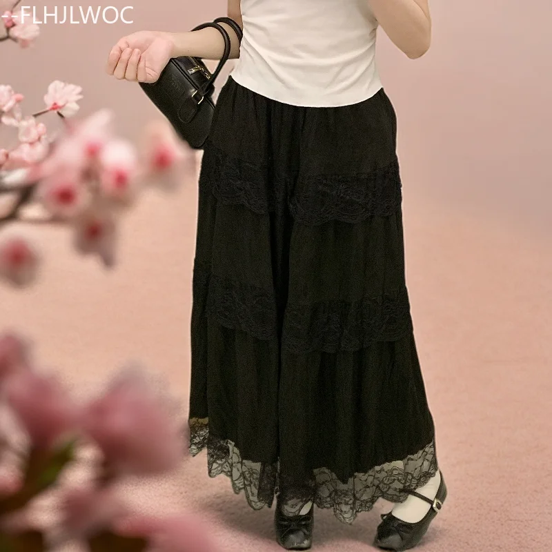 

Многослойные кружевные юбки с романтической датой, милая универсальная одежда для девочек, женская осенне-весенняя черная кружевная длинная макси-юбка с вырезами и оборками