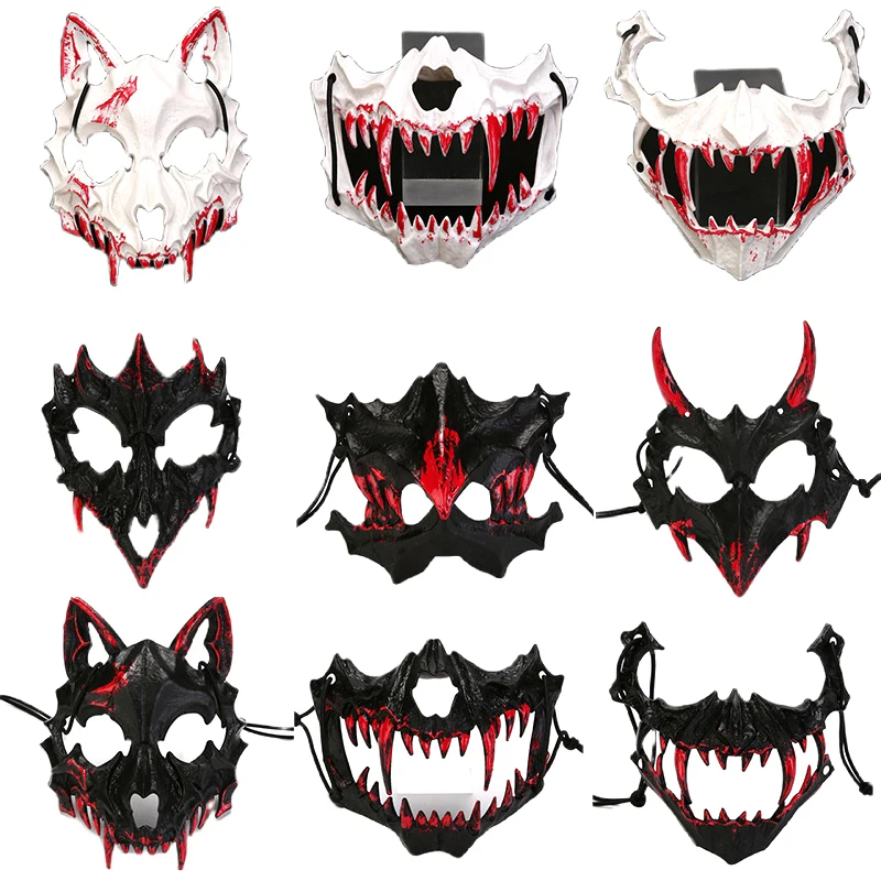 Halloween Mask Half-face Mask Cos Dragon God Fierce Tiger Night Fork Tengu Man Wolf Mask Performance Skull Masks