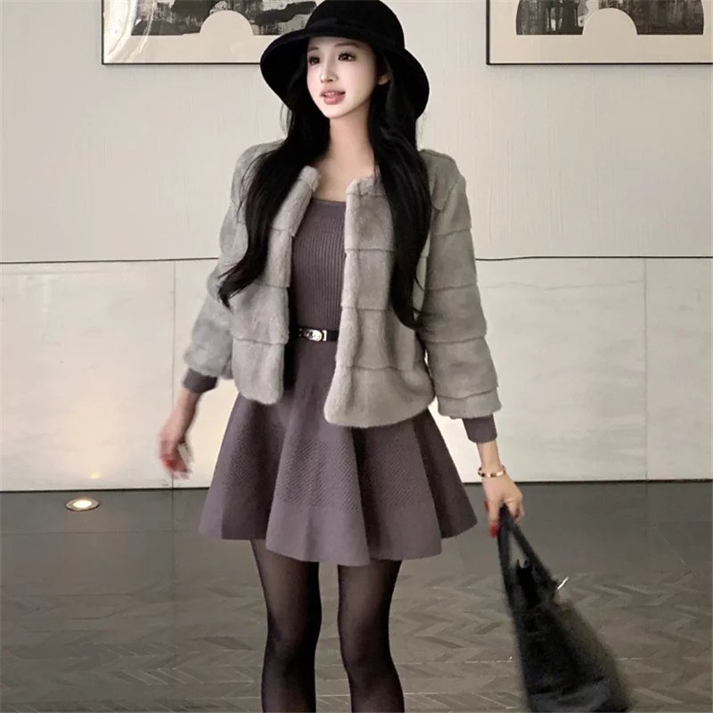 Elegante celebrità nuova autunno set da 2 pezzi o collo lavorato a maglia una linea mini abito e imitazione pelliccia di visone giacca corta 2 pezzi gonna adatta
