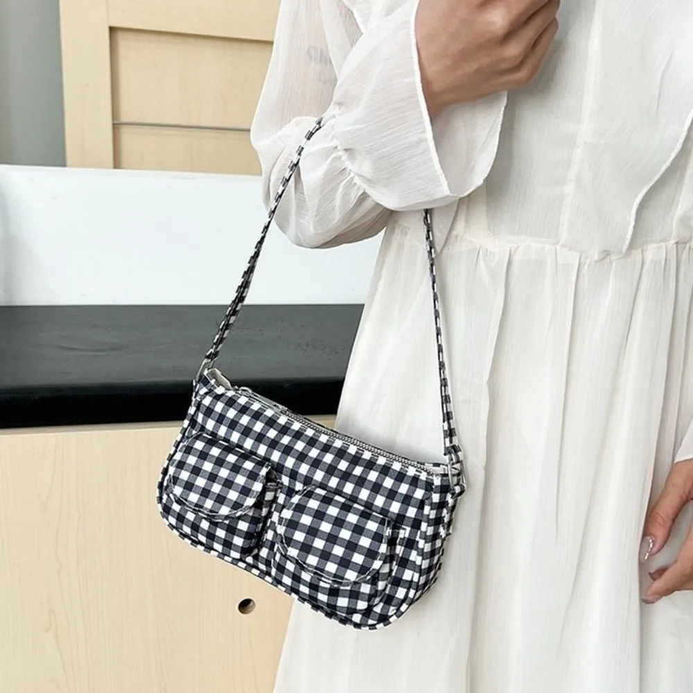 

Simple Multiple Pockets Plaid Shoulder Bag Korean Style Y2K Canvas Handbag Lightweight Harajuku Underarm Bag Outdoor