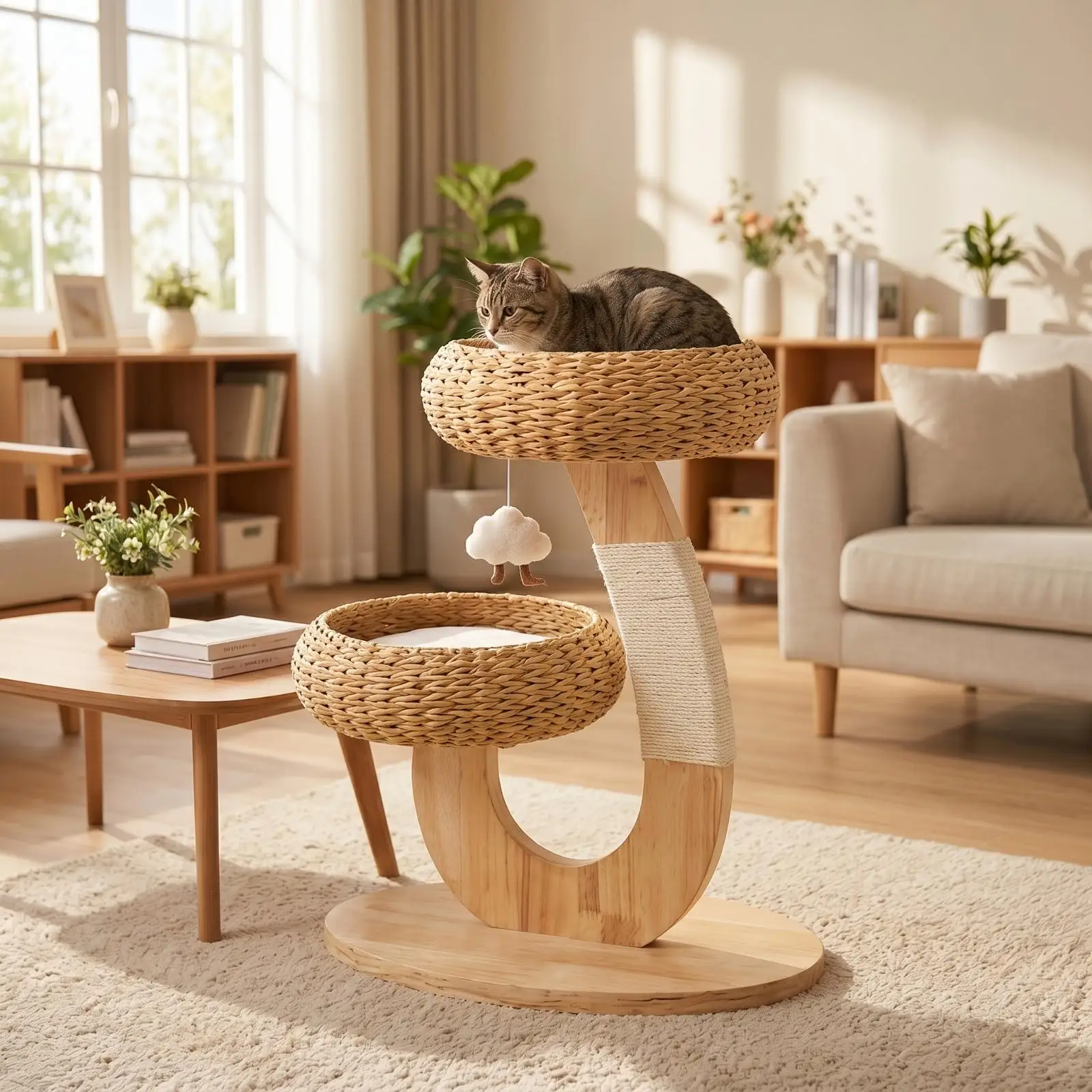 Wooden Cat Tree with Rattan Perch Compact Cat Tree with Perch Sturdy for Kittens Wooden Cat Tree with Rattan Perch Compact Cat Tree with Perch Sturdy for Kittens