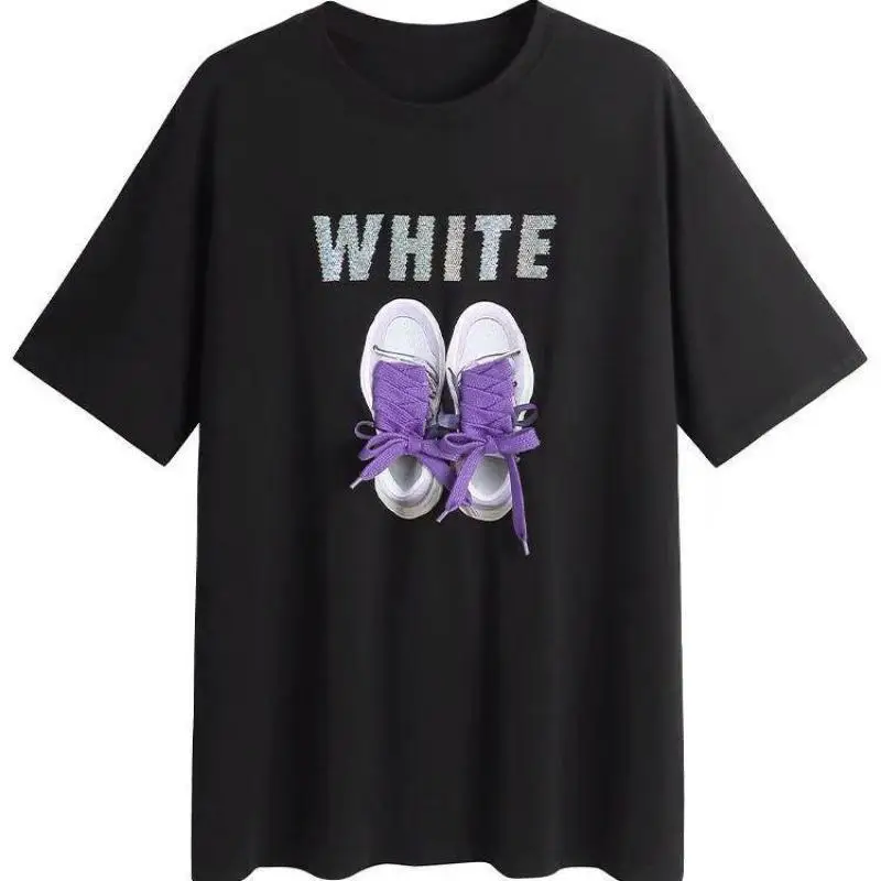 

Fashion White Shoes Print Shoelace Decorate Loose Short Sleeve Cotton T-shirt Women Summer 2022 New Medium Long Tees Tops Girl