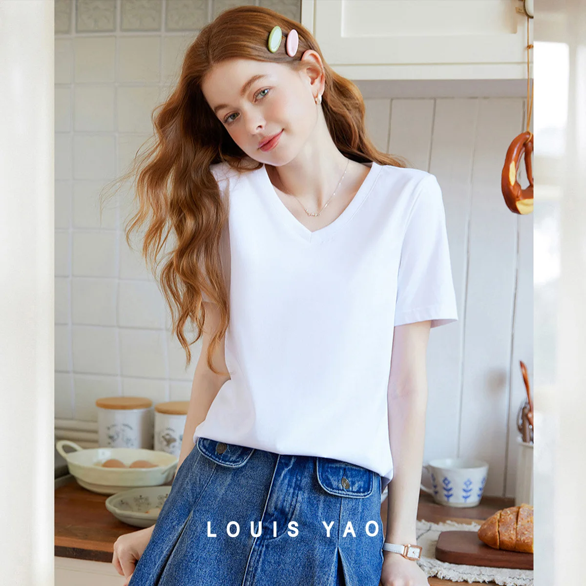 

LOUIS YAO Versatile Solid Color Women's T-shirt 2025 Summer New Tee V-neck Micro Elastic Short Sleeve T-shirt Casual Simple Tops