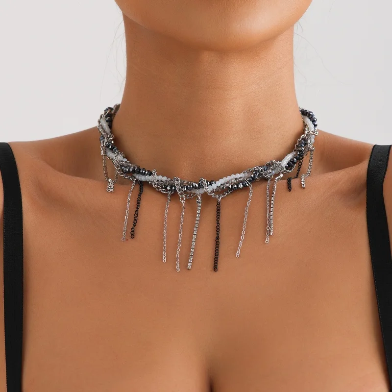 Collar de borla multicapa Vogue para mujeres y niñas, collar con cruz de cristal, cadena, regalos de joyería