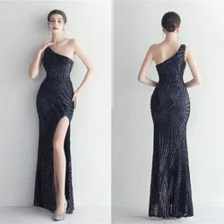 Evening Dress Navy Blue Sequins Stretchy One Shoulder Zipper Mermaid Trumpet Floor Length Slit Women Party Formal Gown YE297