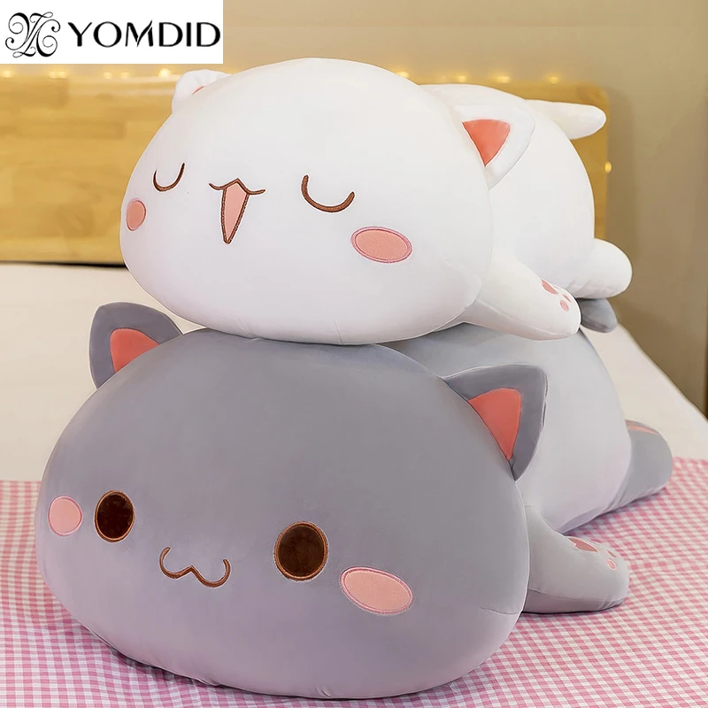 YOMDID Kawaii Cat Plush Doll Stuffed Cotton Lying Cat Pillow White Grey Back Cushion Lovely Kids Children's Birthday Cushion