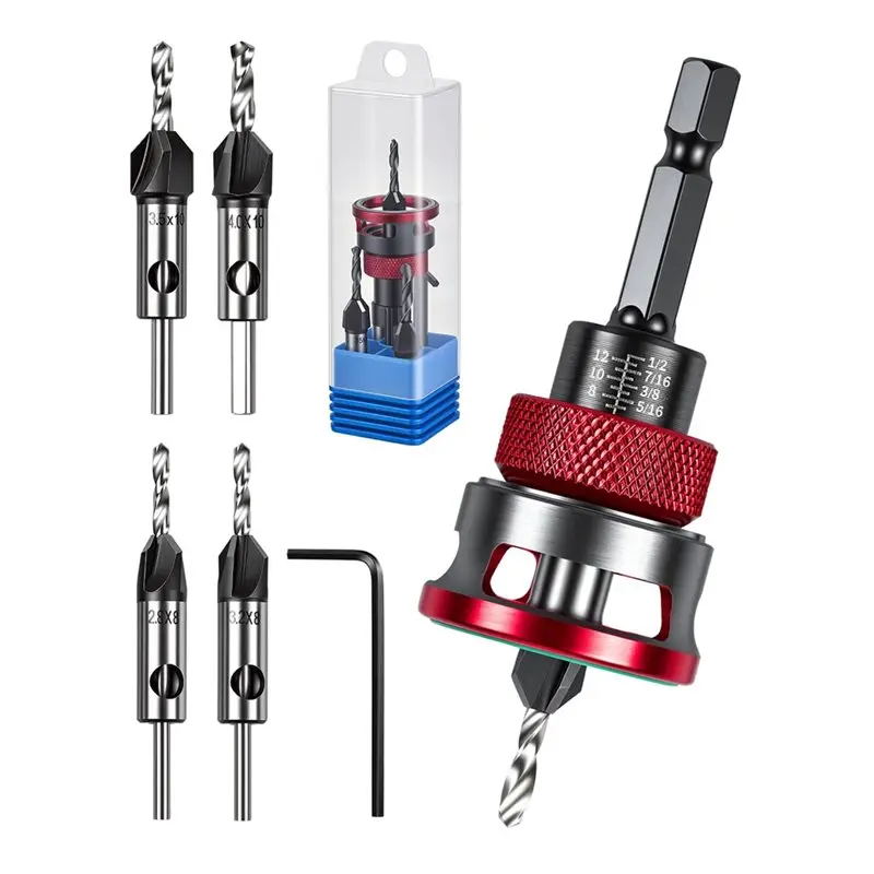 

ABKU-Wood Countersink Bit With Wrench 4PCS Four-Flute HSS M2 Tapered Drill Bits Plywood And MDF DIY For 82 Degree Woodworking,