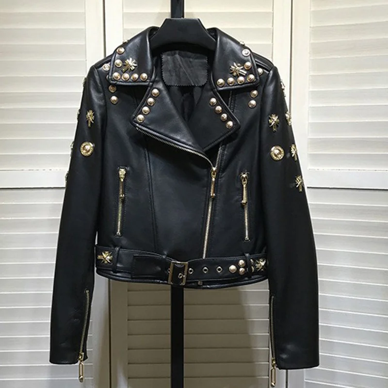 

Genuine leather jacket autumn/winter new lapel heavy work rivet sheep skin short motorcycle slim fitting jacket for women