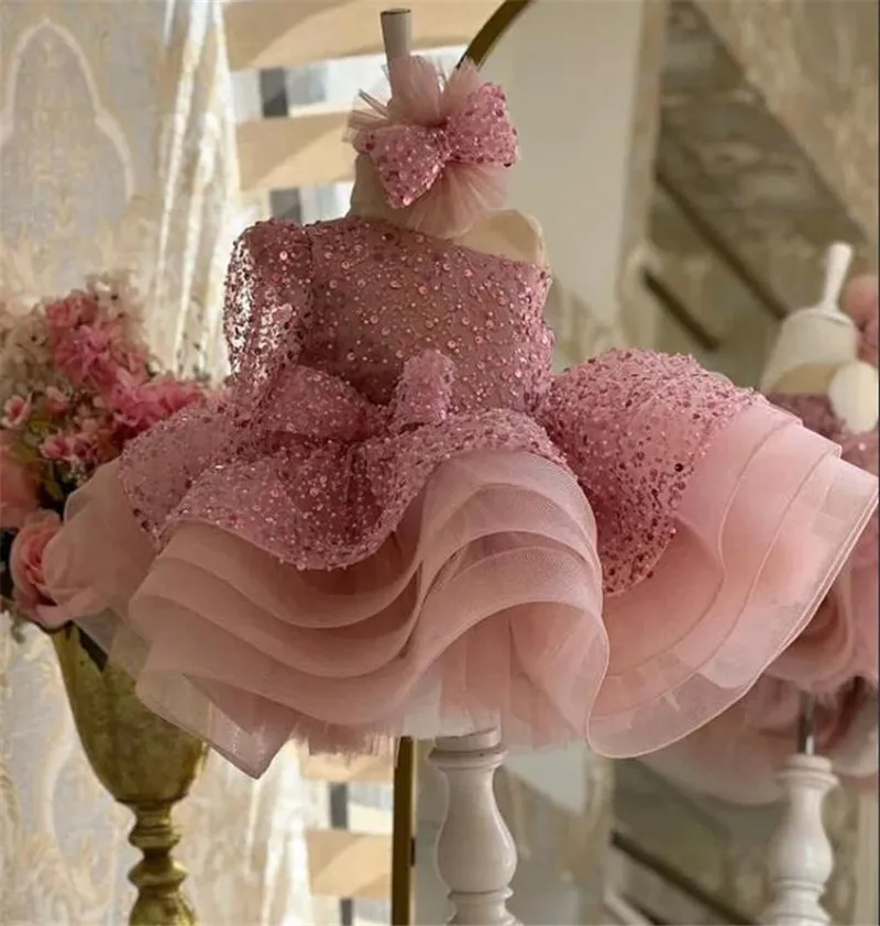 Robe à paillettes à manches longues pour bébés filles, robe moelleuse, tenue de célébrité, blanc, rose, anniversaire, princesse, à la mode, 2024