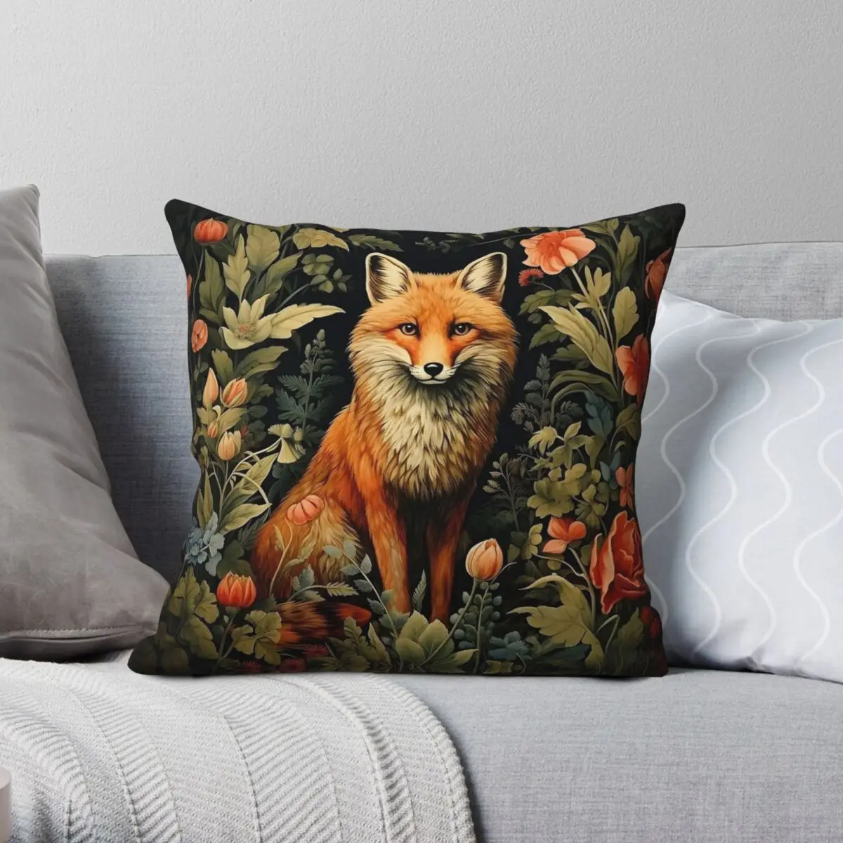 Forest Fox William Morris Square Pillowcase Polyester Linen Velvet Pattern Zip Throw Pillow Case Bed Cushion Case 45x45