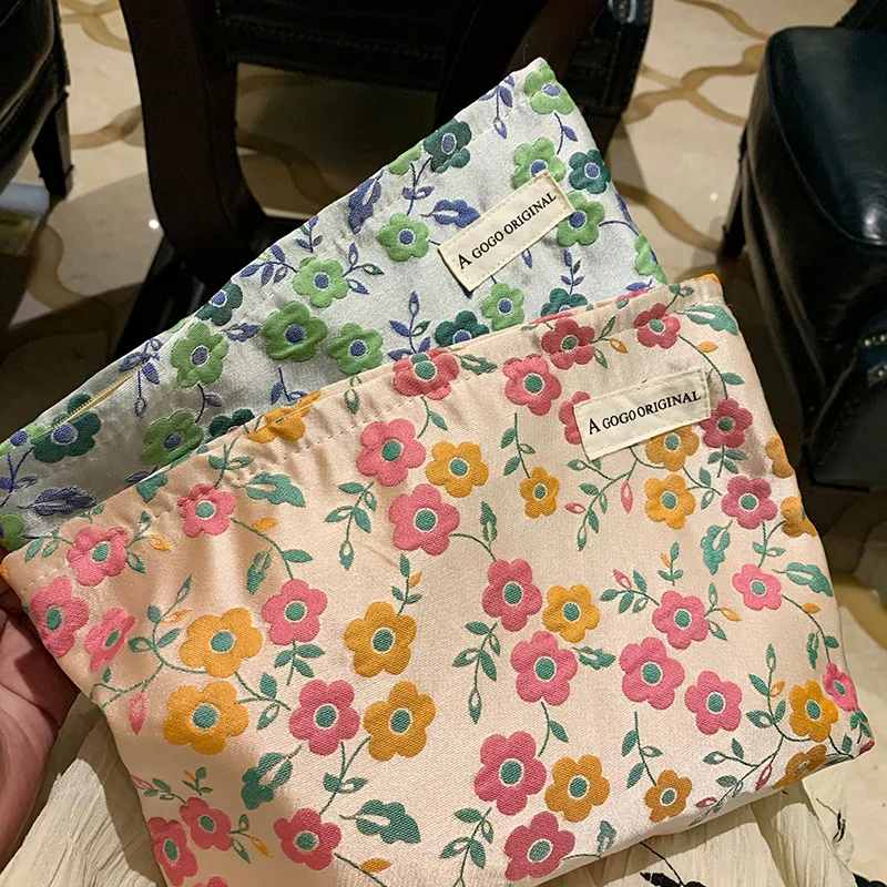 Saco de maquiagem de flor de alívio de pequena escala com saco de armazenamento de impressão artística, saco de higiene portátil de grande capacidade saco de lona das mulheres
