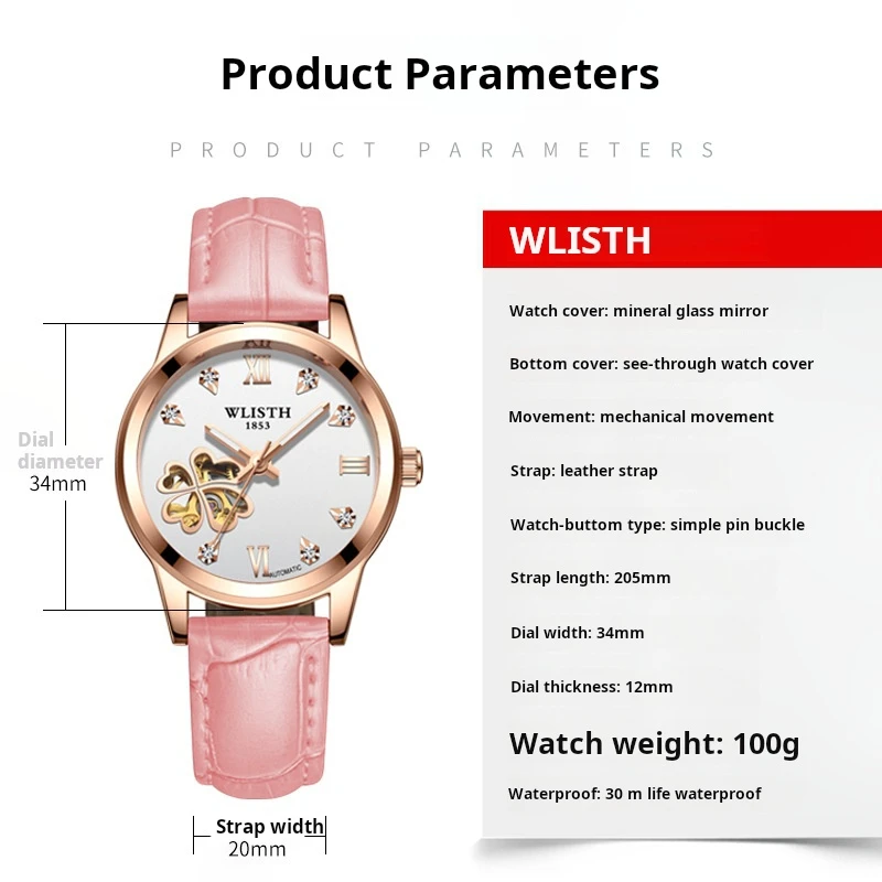Women Automatic Mechanical Watches Diamond Four-leaf Clover WristWatches Ladies Leather Pink Watch Waterproof Senhoras Assistir