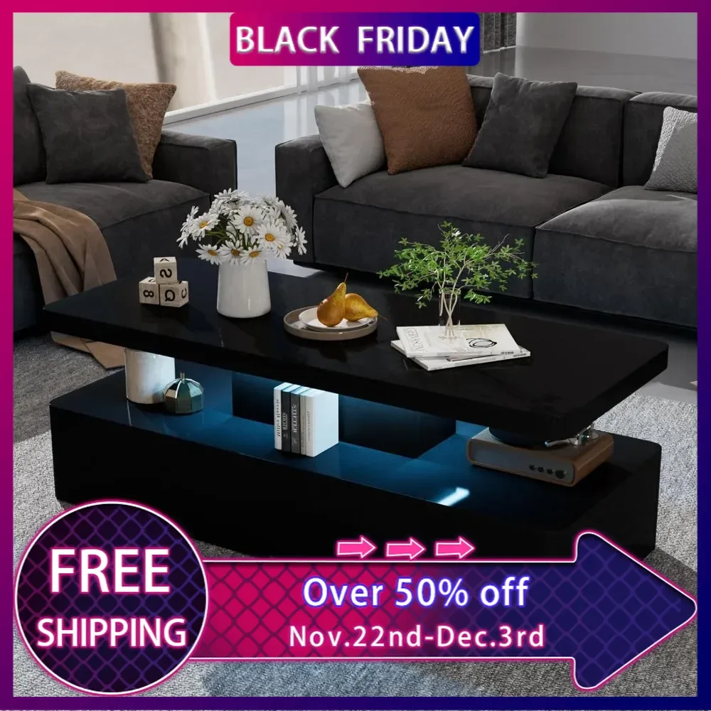 Stylish Coffee Table with 16 Colors changeable LED Lights and Large Storage Space,Double-Layer Design for Living Room,Black