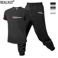 Men's Summer Printing T-shirt Pants Set Casual Round-neck T Shirt and Jogging Pants Short Sleeved T-shirt Pants 2PCS Sportswear