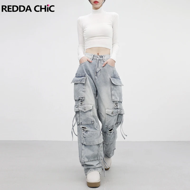 

ReddaChic Boyfriend Big Pockets Cargo Jeans Women Distressed Retro High Rise Pintuck Ripped Hole Baggy Jeans Korean Streetwear