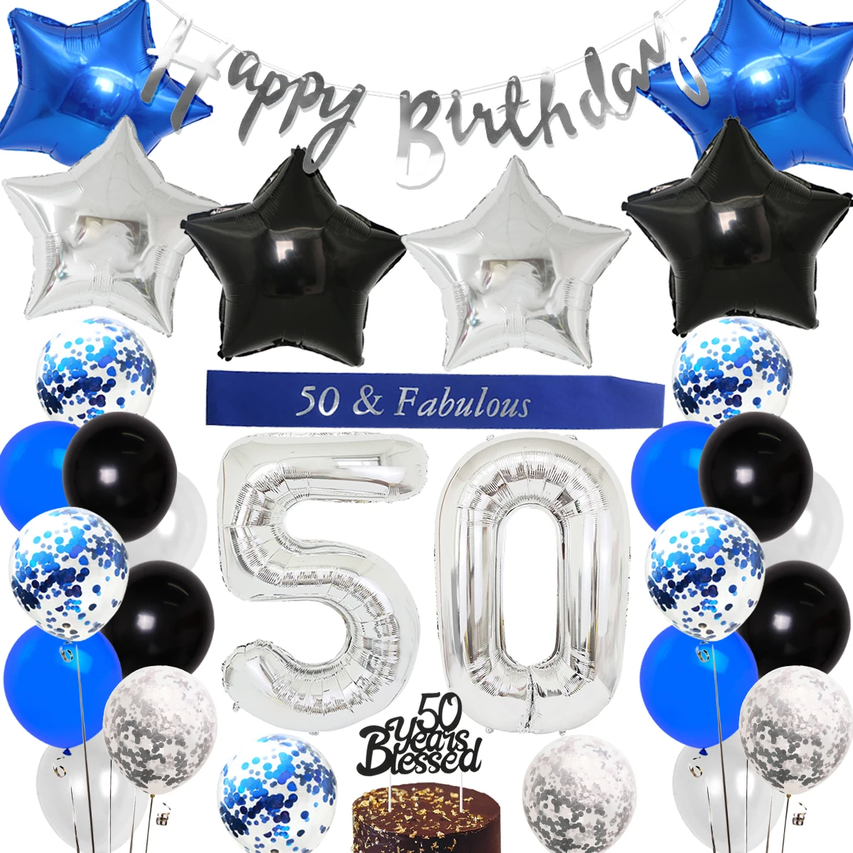 

50th Birthday Party Decorations Happy Birthday Banner 50 Years Blessed Cake Topper Sash Number 50 Star Balloons for Men or Women