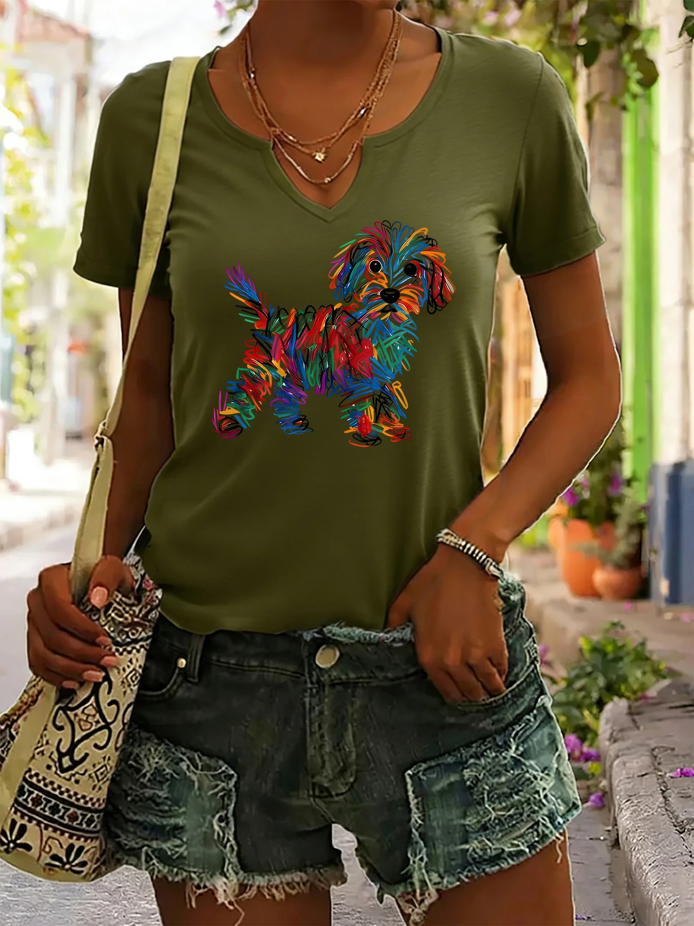 Women's Summer V-Neck Short Sleeve T-Shirt, Colorful Scribble Dog Art Print, Cute Pet Lover Casual Fashion Top
