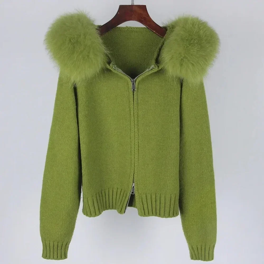 2024 Winter Women Knitted Jacket with Natural Fur Placket Coat Casual Real Fox Fur Collar New Fashion Short Warm Loose