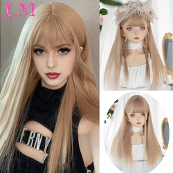 LM Synthetic Golden Water Curly Wave Wigs Air Bangs Hair PLATINUM Heat-Resistant Natural And Smoot Daily Wear For Women