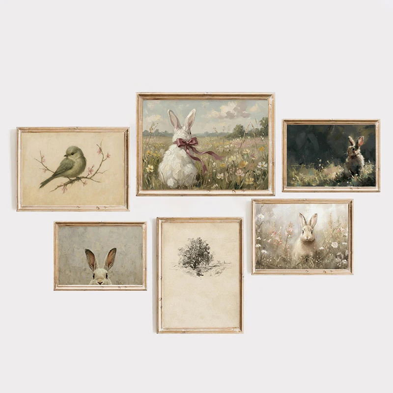 Vintage Animal Landscape Canvas Wall Art Rabbit Bird Retro Oil Painting Neutral Rustic Poster Nursery Farmhouse Bedroom Decor