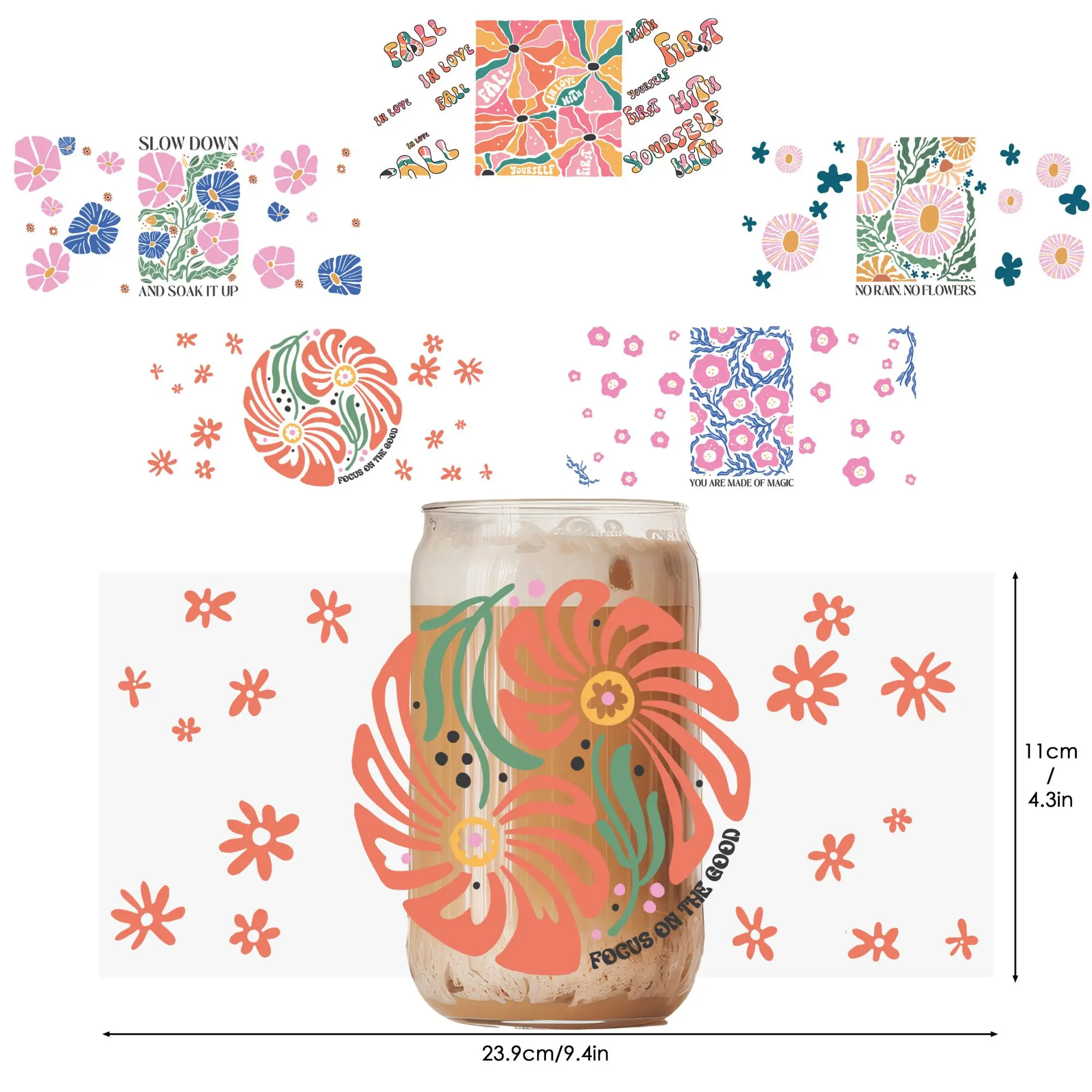 5pcs Boho flower UV DTF wraps: waterproof, scratch-resistant, fits 16oz jars, DIY stickers, crystal-look, 11x24cm