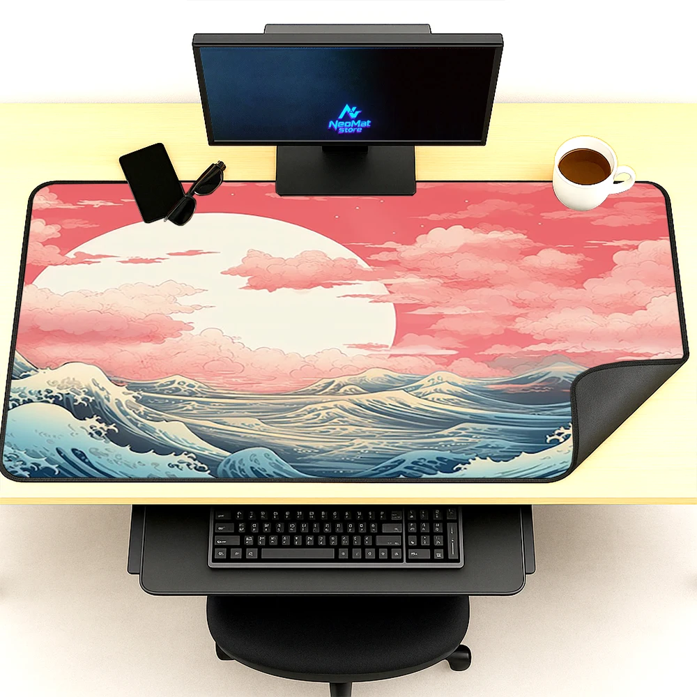 Japanese Desk Pad Large Gaming 140x60 Aesthetic Mousepad Pink Sea Sunset Ocean Art Computer Accessories XXXL