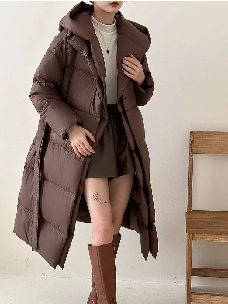 Long Down Coats for Women, Thick Warm Hooded Jacket, Fake Two-Piece, Slim Tie Belt, Winter Fashion, 90% Duck Down