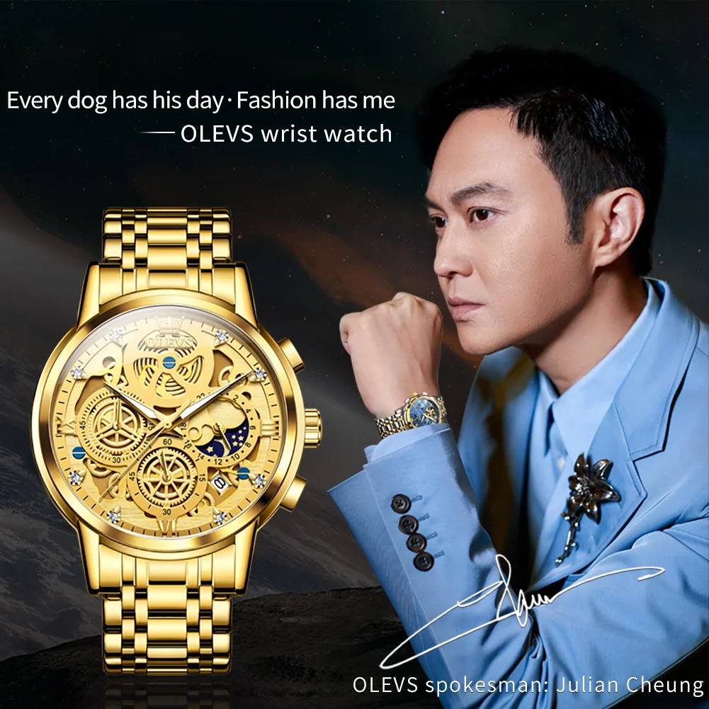 OLEVS 2024  Men\'s Watches Top Brand Luxury Original Waterproof Quartz Watch for Man Gold Skeleton Style 24 Hour Day Night New